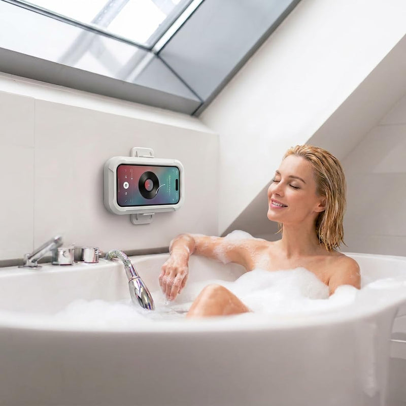 Shower Phone Holder Waterproof - 480° Rotatable Retractable Adjustable iPhone Case Holder with Touch Screen, Bathroom Wall Phone Mount Stand Water Proof Anti Fog, Accessories for 4-7" Cellphones White