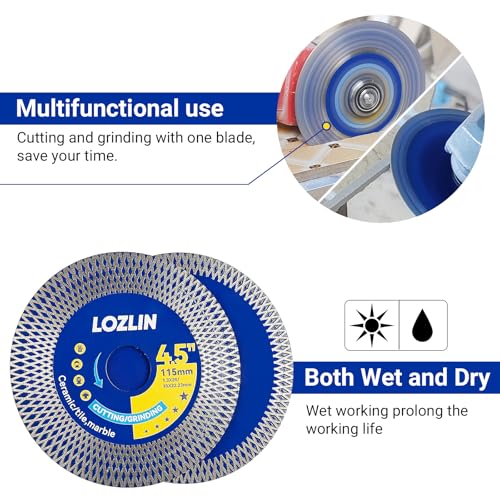 LOZLIN Diamond Blades 3-Pack 4.5" Diamond Angle Grinder Blade - Ultra-Thin Dry Cutting & Grinding Disc for Porcelain/Ceramic Tiles, Dual-Purpose Saw Blade