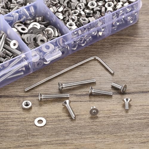 1110 Pcs M2.5 Screws Set, Metric Screw Assortment, Flat Metric Machine Screw Assortment, Countersunk Bolts and Nuts Set, 304 Stainless Steel Flat Head Hex Socket Cap Screws Bolts with Washers 1110