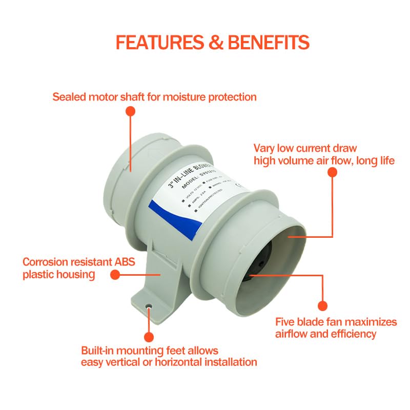 Inline Blower，Bilge Blower 12V 4A Marine Bilge Blower Air Blower Boat Cool Fan Marine Ventilation 3 inch