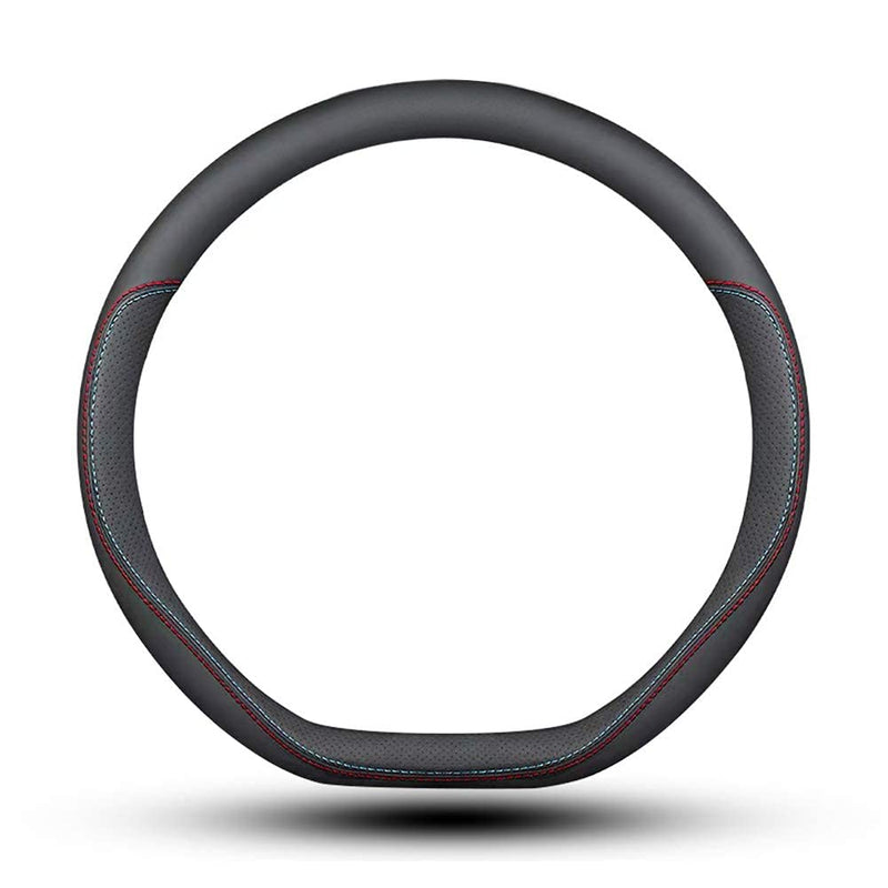 Carodi Latest Nappa Leather car Steering Wheel Cover, Stylish Non-Slip Leather car Interior 15 inches Universal (D-Shape,Black) D-Shape,Black (red and blue lines)