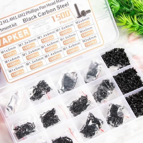 VAPKER 1500Pcs Tiny Screws M1 M1.2 M1.4 M1.6 M2 Round Pan Head Mini Machine Screw Metric Phillips Drive Black Oxide Carbon Steel Micro Screw for Laptop Eyeglass Watch Repair