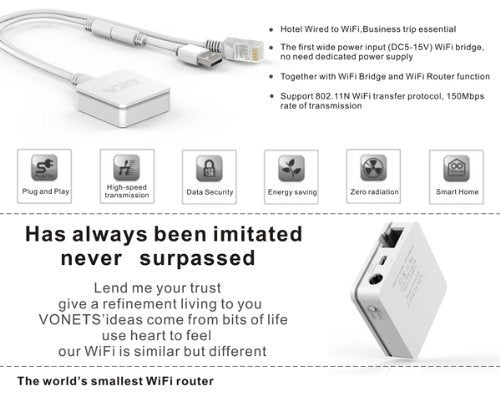 VONETS VAR11N-300 Portable WiFi Router 2.4GHz WiFi Bridge Wireless Repeater WiFi Hotspot to Ethernet WAN/LAN 2 RJ45 Ports(10/100Mbps) DC/USB Powered for Hotel IP Printer Network Devices