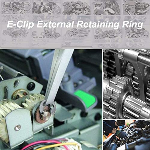 E-Clip External Retaining Ring Assortment Kit 120Pcs 10 Sizes E-Clip Circlip Ring 304 Stainless Steel Opening Snap Ring Circlip Set with Box