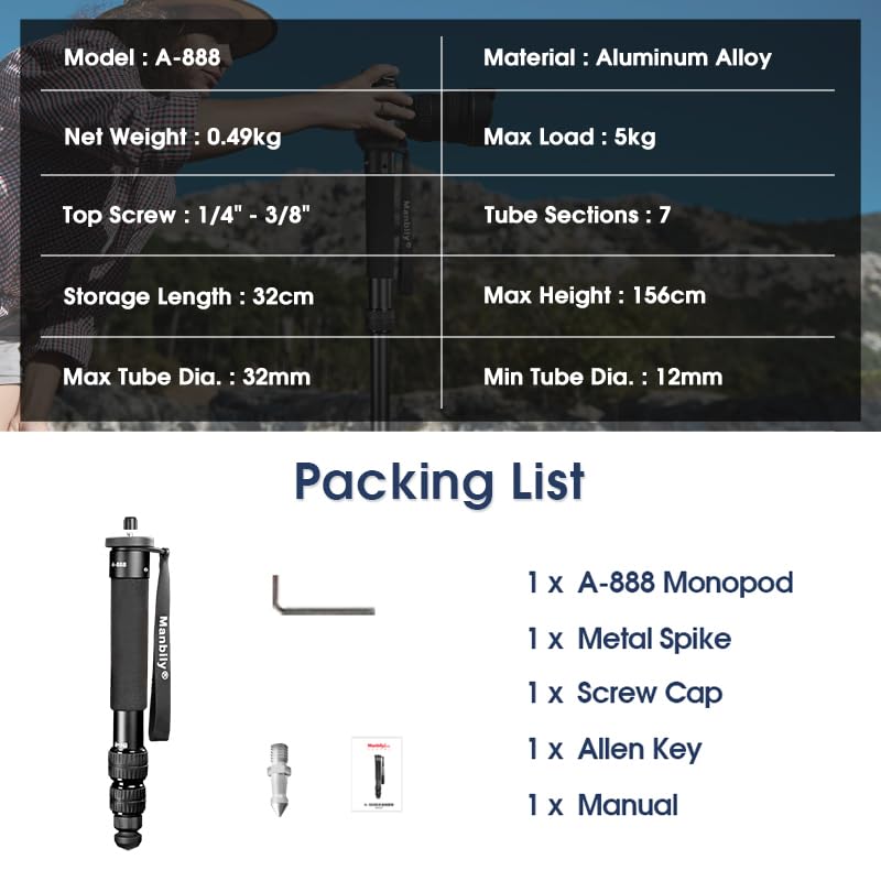 A-888 Camera Monopod, Length 32cm - 156cm, Aluminum Monopods for Cameras 7 Sections, Compact Travel Portable Selfie Stick for DSLR Smartphone Concert Festival