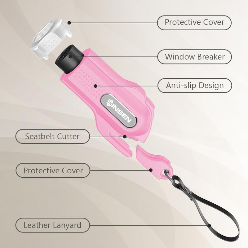  [AUSTRALIA] - SINSEN Car Safety Hammer, 2-Pack Window Glass Breaker & Seatbelt Cutter, Emergency Keychain, Automotive Escape Kit and Survival Tool for Land/Underwater, Pink & White