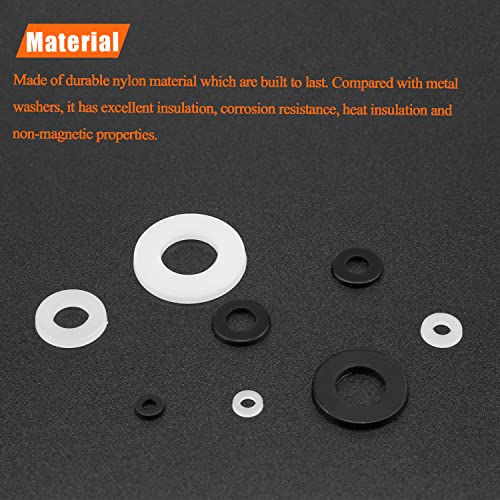 HELIFOUNER 1200 Pieces 8 Sizes White Nylon Flat Washers and Black Nylon Flat Washers Assortment Kit - M2 M2.5 M3 M4 M5 M6 M8 M10 White + Black