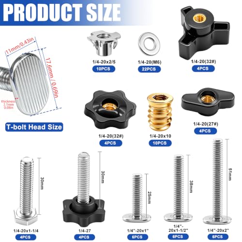 Taiss 80Pcs 1/4-20 T Track Knob and Bolt Kit for Woodworking Jigs,Fixtures 80PCS 1/4"-20