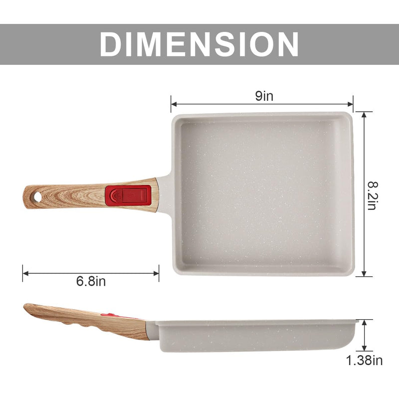 AIKENBBKK Tamagoyaki Japanese Omelette Pan, Japanese Egg Pan, Square Egg Pan Nonstick, Induction-Ready, Detachable Handle, with Silicone Spatula, PFAS & PFOA-Free, Oven Safe, White, 9" x 8.2" L
