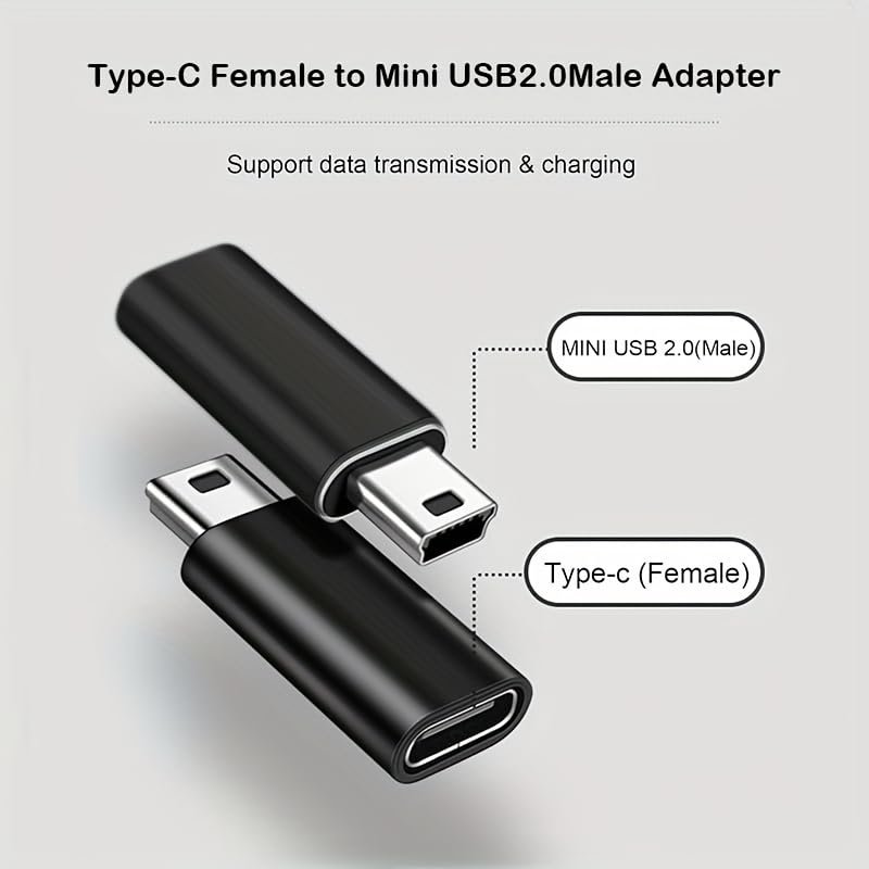 USB-C to Mini USB Adapter, Type-C Female to Mini USB Male, Supports Charge & Data Sync, Compatible with Digital Camera, GPS, Dash Cam, MP3 Player
