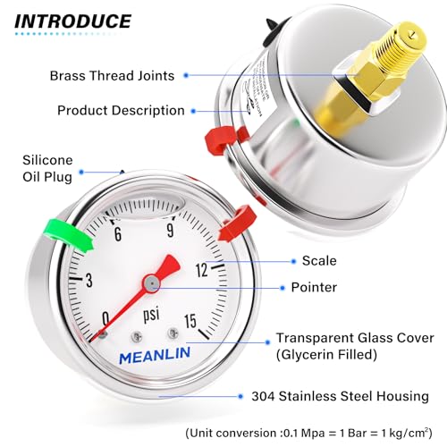 MEANLIN MEASURE 0~15Psi Stainless Steel Liquid Filled Pressure Gauge, 1/8" NPT 1.5" Luminous Dial, Glycerin Filled for Water Oil Air Center Back Mount with 2PCS Snaps 0-15Psi