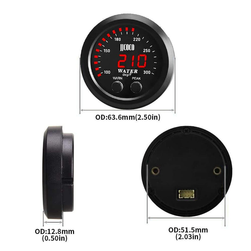 Universal 52mm Water Temperature Gauge with Alarm and 1/8 NPT Sensor Car Digital Meter Red Display Temp 100-300F(38-150C) Red Water Temperature Gauge