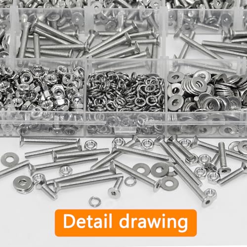 1200 Pcs Countersunk Head Hexagon Socket Screws Bolts and Nuts and Washers Assortment Kit, M3 Metric Stainless Steel Bolts and Machine Screws and Nuts and Washers Set for Home Industrial M3x6/8/10/12/14/20/25/30-1200Pcs