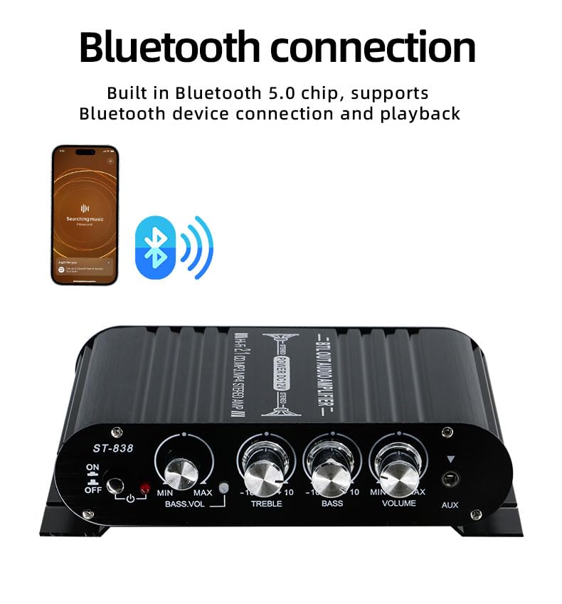 Stereo Audio Amplifier, Mini HiFi 2.1 Bluetooth Stereo Bass Car Home Audio Power Amplifier, Professional Digital Amp for Use on Your Carrier or at Home (Black) (Black) Black
