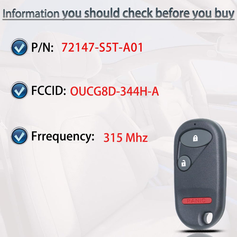 Key Fob Keyless Entry Fits for Honda Element 2004 2005 2006 2007 2008 2009 2010 2011 / 2002-2005 Honda Civic (Sl Trim only) CR-V Remote Control Replacement OUCG8D-344H-A 72147-S5T-A01