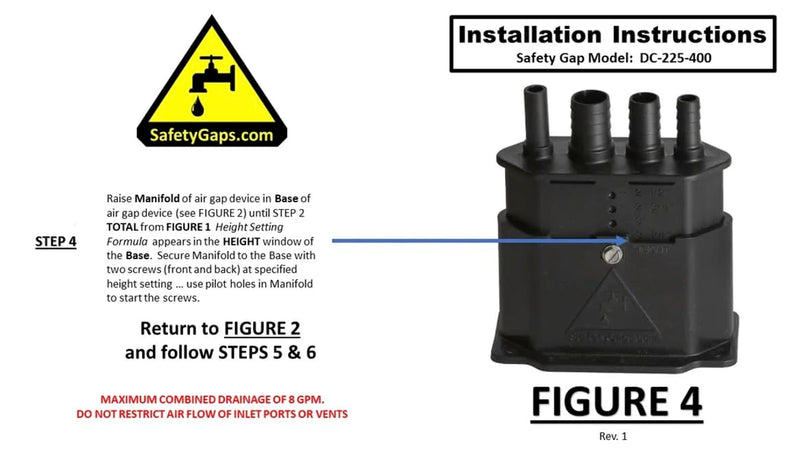 Water Softener Air Gap with 3/8", 1/2" and 5/8" Hose Inlet Ports with Adjustable Height for Floor Drain Cover (Safety Gaps Model Number: DC-225-400 Black)