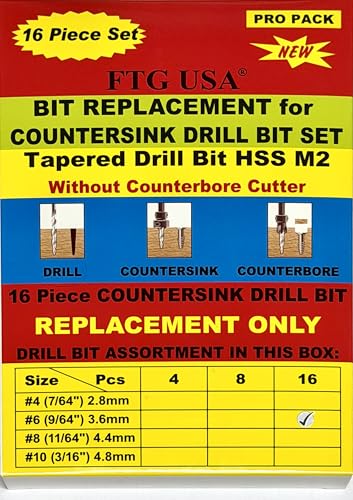FTG USA 16 Pc #6 (9/64") Parabolic Flute Tapered Replacement Drill Bits, Case Same Sort 16 Pc
