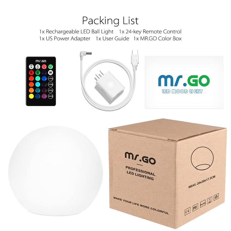 Mr.Go 8-inch Ultra-Fun LED Glowing Ball Light w/Remote, RGB Color Changing Globe Mood Lamp, 16 Colors 8 Brightness 4 Lighting Modes, Waterproof, Rechargeable & AC Adapter Power, Stunning Light Orb Ball 8"
