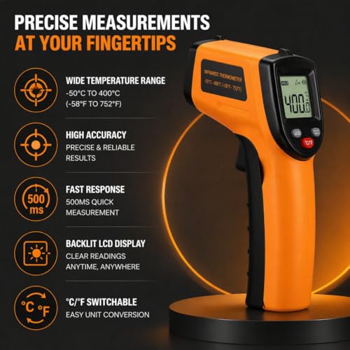 Infrared Thermometer Gun,Non Contact Digital Surface Thermometer with Laser Pointer, Backlit LCD,-58°F to 986°F for Cooking,HVAC, Automotive-GM530 GM530