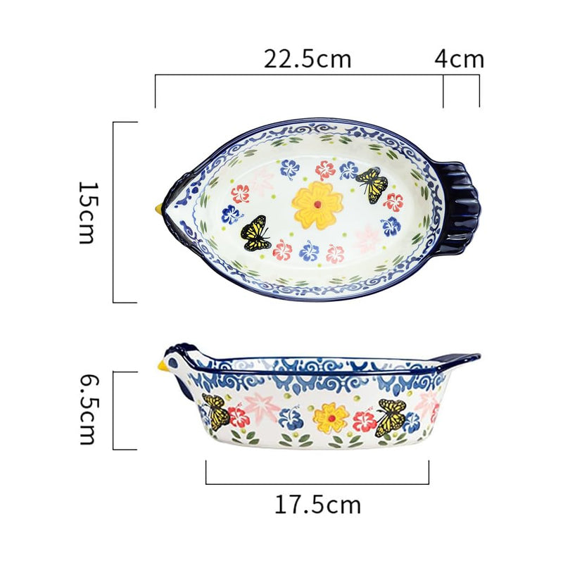 Vintage Butterfly and Flower Pattern Pie Pan, Chicken Shape Ceramic Bakeware Casserole Dish Baking Pan Bakers Lasagna Pans Soup Bowl Baking Dish for Oven to Table-Blue-25 OZ Blue 25 OZ