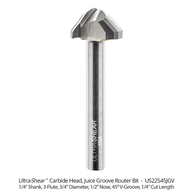 Juice Groove Router Bits, 1/2" Cove With 45 Vee-Groove, Carbide Head, USA Made, 3 Flute, CNC Bits for Cutting Board - US22545JGV 1/2 Nose 45