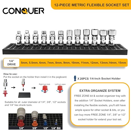 CONQUER 12 Pc 1/4-Inch Drive Metric Flex Socket Set
