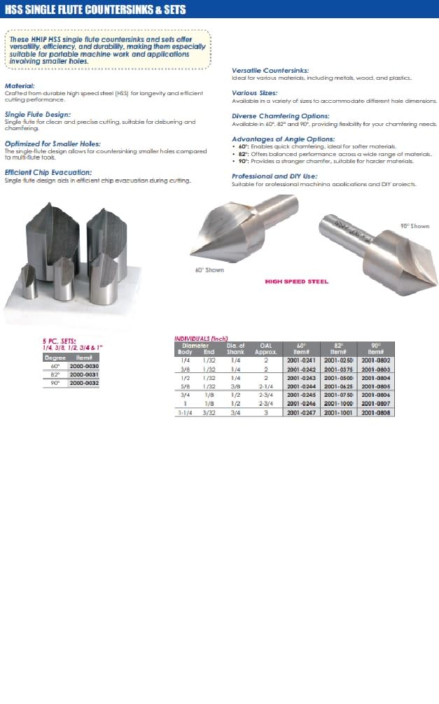 HHIP 2001-0807 1" Single Flute 90 Degree High Speed Steel Countersink 1" Dia. 90°