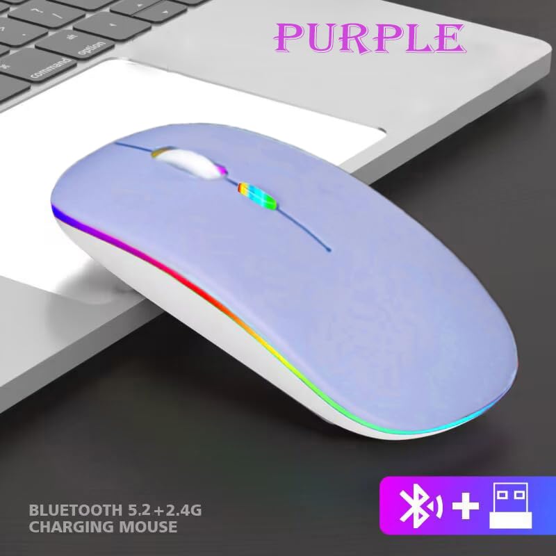 Wireless Bluetooth Mouse,LED Dual Mode Rechargeable Silent Slim Laptop Mouse,Portable(BT5.2+USB Receiver) Dual Mode Computer Mice,for Laptop,Desktop Computer,ipad Tablet,Phone,TV (Purple) Purple