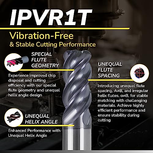 SPEED TIGER Carbide Corner Radius End Mill - 4 Flute - IPVR1T5/16 0.015" 4 (1 Piece, R0.015, 5/16") - Unequal Flute Spacing & Helix Design - for Titanium - Mill Bits Sets for DIYers & Professionals 5/16 in