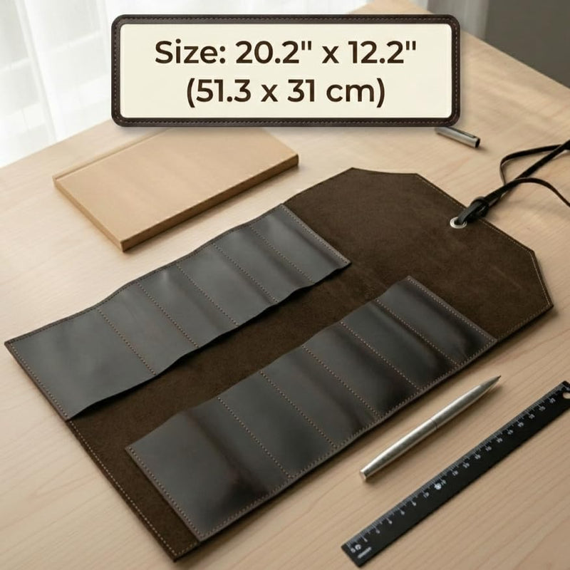 Genuine Leather Tool Roll Up Case – Leather Tool Organizer with 12 Slots, Case for Wrenches, Screwdrivers & Hand Tools, Portable Mechanic Tool Bag 20.2" x 12.2" (Tools Not Included), Brown
