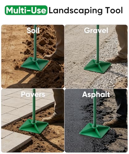 Heavy Duty Steel Hand Tamper, 8"x8" Soil Plate Compactor with 44" Adjustable Handle & Rubber Grip, Anti-Loose Ladscaping Tools for Ground, Gravel, Dirt, Sand, Asphalt, Pavers, Blacktop, Green