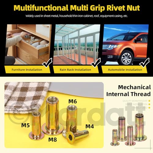 34Pcs 4 Sizes Multi-Grip Rivet Nut Assortment Kit, M4 M5 M6 M8 Zinc-Plated Flat Head Shank Threaded Insert Nut for Industrial Construction Fasteners M4/M5/M6/M8