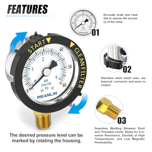 MEANLIN MEASURE 0~60Psi Stainless Steel Start and Clean Filter Pressure Gauge 1/4" NPT Waterproof for Pool Filter Pump Swimming Pool, Spa Lower Mount with Rotatable Plastic Frame and Hex Bushing With adapter