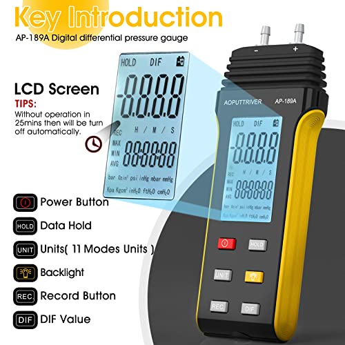 HVAC Manometers Dual-Port Air Pressure Tester ±30Psi/206.8Kpa Light Orange