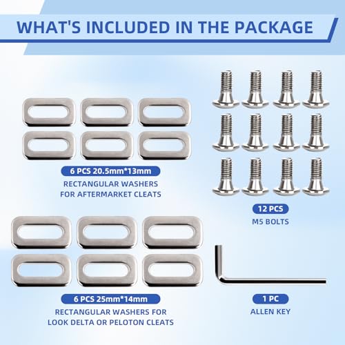 24-Pack Replacement Bolts, Screws, and Washers for Delta Bike Cleats - 2 Sizes of Washers Included, with Allen Wrench - Compatible with Indoor Cycling and Road Bikes (Cleats Not Included)