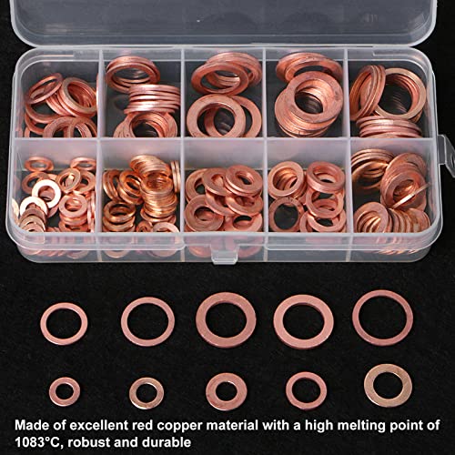 Copper Oil Drain Washers Kit, High-Temp Red Sealing Gaskets, 200Pcs 9-Size Assortment for Automotive Engine Oil Changes