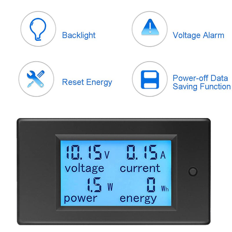 KETOTEK Amp Volt Watt Kwh Meter Tester Panel Digital 4 in 1 Ammeter Voltmeter Multimeter 12V DC 6.5-100V 20A, Voltage Current Power Energy Usage Monitor LCD Display Car Motorbike Solar DC 20A Meter