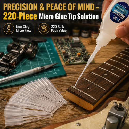 220Pcs Micro CA Glue Tips, Precision Glue Applicator Tips with Anti-Clogging Design & Extended Length for Super Glue Bottles, DIY Crafts, Model Building, Guitar Repair