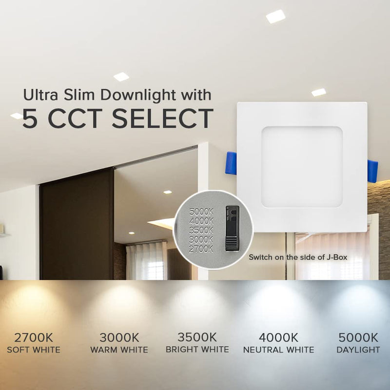 Maxxima 4 in. Square 5CCT Ultra Thin Recessed LED Downlight, 750 Lumens Slim Canless, IC Rated, 5 Color Temperature Selectable 2700K/3000K/3500K/4000K/5000K, Dimmable, J-Box Included (Pack of 2) Single Pack (Pack of 2)