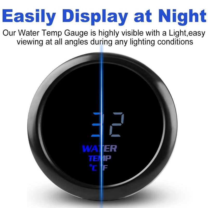 WATERWICH 2" 52mm Water Temperature Gauge Kit Fahrenheit & Celsius Blue for Car Truck Marine Vehicle Automotive