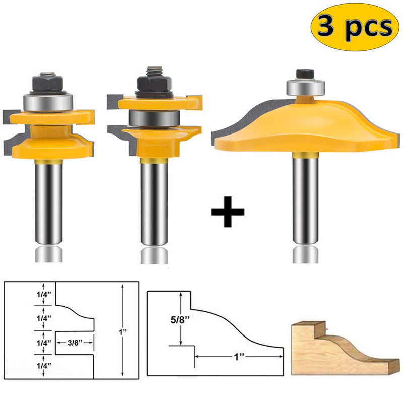 OLETBE Router Bit Set 3 PCS 1/2-Inch Shank Round Over Raised Panel Cabinet Door Ogee Rail and Stile Router Bits, Woodworking Wood Cutter, Wood Carbide Groove Tongue Milling Tool (SQ-2)