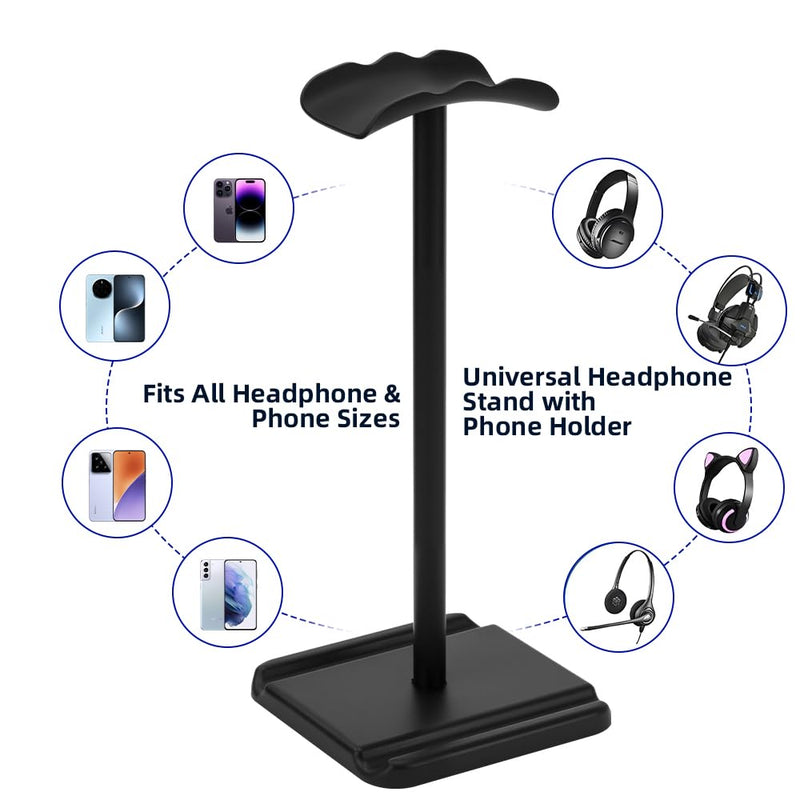 Headphone Stand, Headset Holder with Phone Holder for Desk Office Gaming | TPU-Padded Headrest, Aluminum Pole, Anti-Slip ABS Base, Universal Earphone Stand, 1 Pack Black