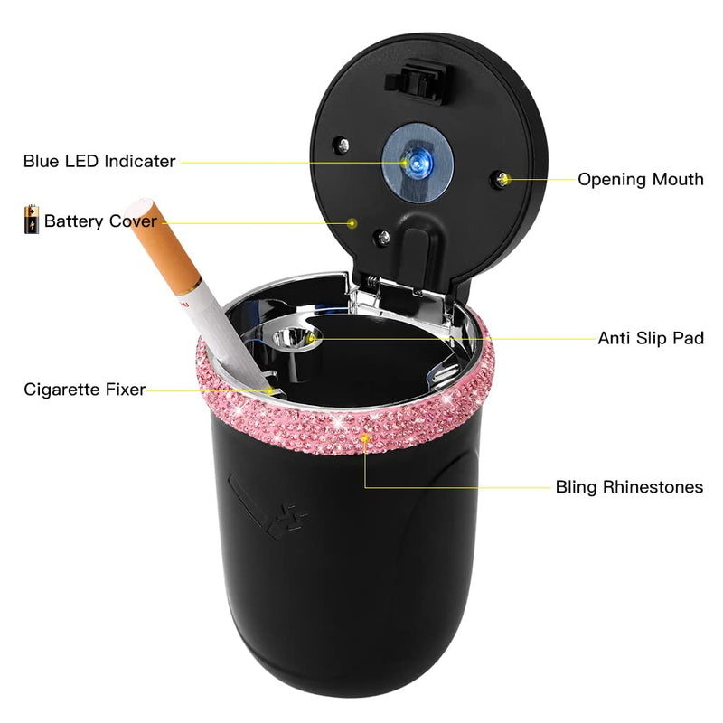 SAVORI Car Ashtray for Women Men, Portable Bling Cigarette Smokeless Cylinder Cup Holder with Blue LED Light Indicator Car Accessories (Pink) Pink