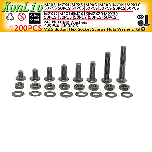 1800 PCS M2 Series Button Head Hex Socket Screws Washers Nuts Kit with Modular Box (M2 Series)