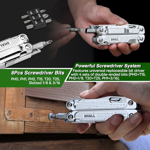 SHALL Multi Tool, 18-in-1 Multitool Pliers, Stainless Steel Multi-tool Pocket Knife w/Screwdriver Bit, Self-locking Multipurpose Tool w/Sheath for Camping Fishing Survival Hunting