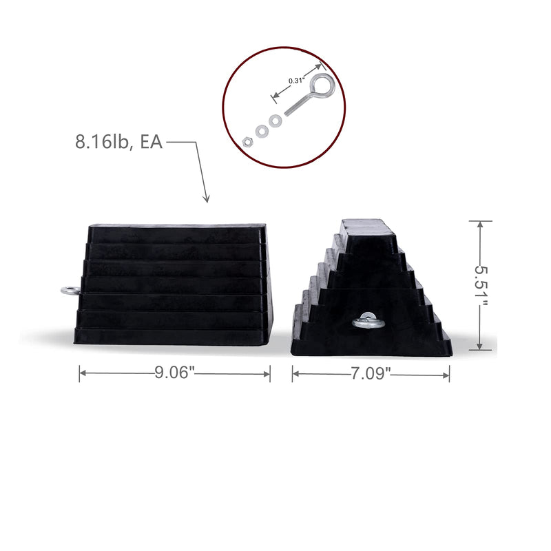 Wheel Chocks Rubber Heavy Duty Wheel Chocks for Travel Trailers with Eyebolt 9.06" x 7.87" x 5.51" 2 Pack（Highlight Black）