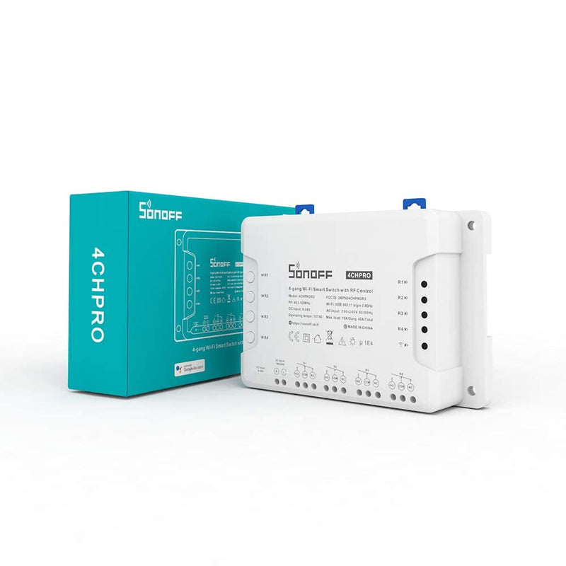 Sonoff 4CH Pro R3 Wi-Fi Smart Switch 4-Gang Din Rail Mounting Home Automation,Self-Locking/Interlock Control Home Appliances, RF/APP/Voice/LAN Control, Compatible with Alexa