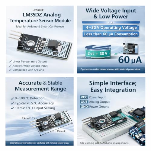 6pcs LM35DZ Analog Temperature Sensor Module, 4–30 V Wide Voltage Input, 10 mV