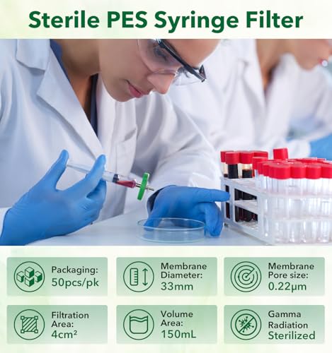 FOUR E'S SCIENTIFIC PES Syringe Filter, 50 Pack