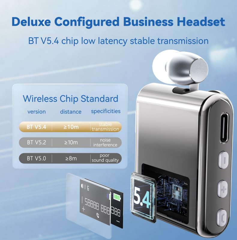 K89 Wireless Business Bluetooth Headset with LCD Display, Retractable Single Ear BT5.4 Earphone, Caller ID and Battery Level Indicator, Clip-On Hands-Free for Music, Driving, Sporting (Grey) Grey